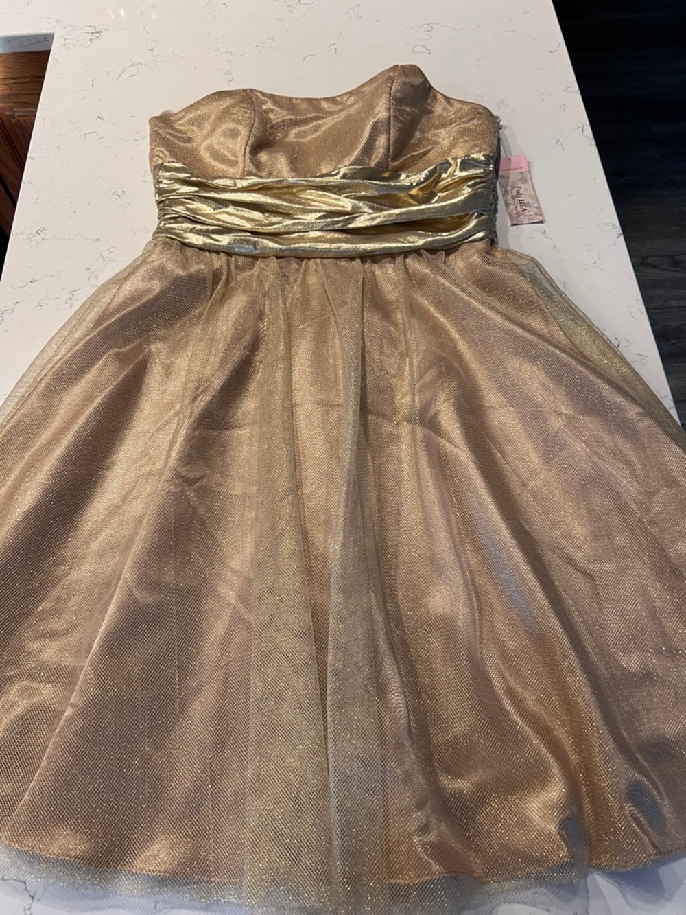 Strapless Gold Party Dress with Shimmer Waistband Size L